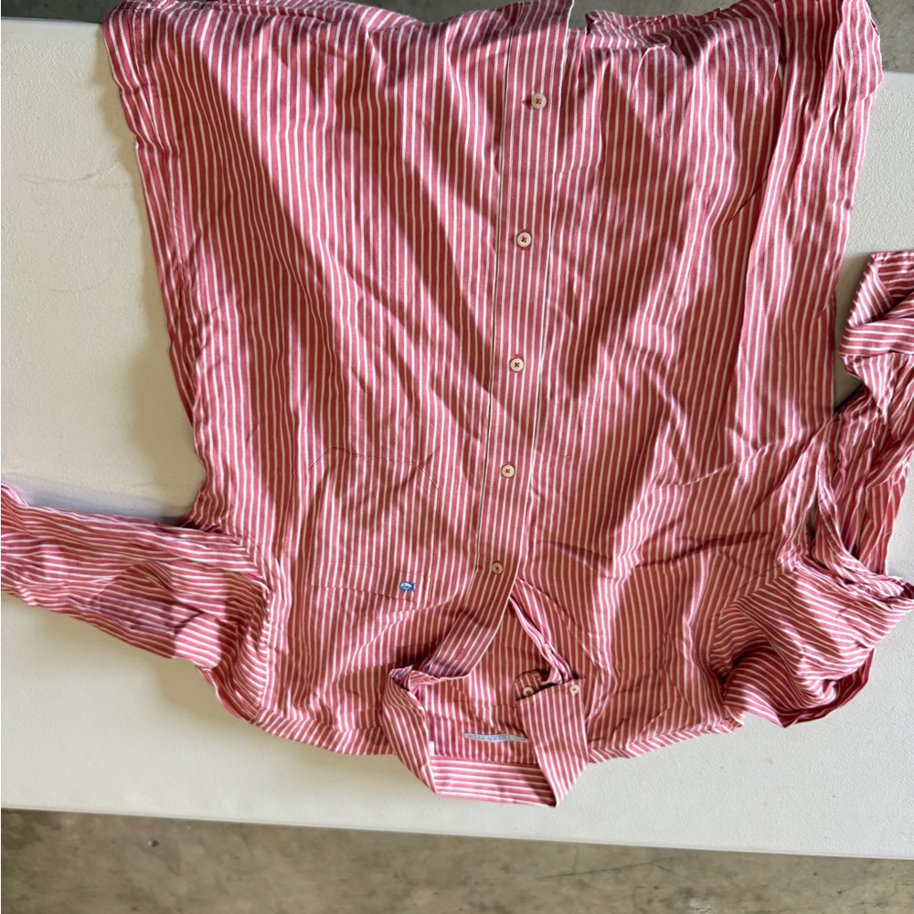 Southern Tide Red and White Striped Casual Button Down Shirt